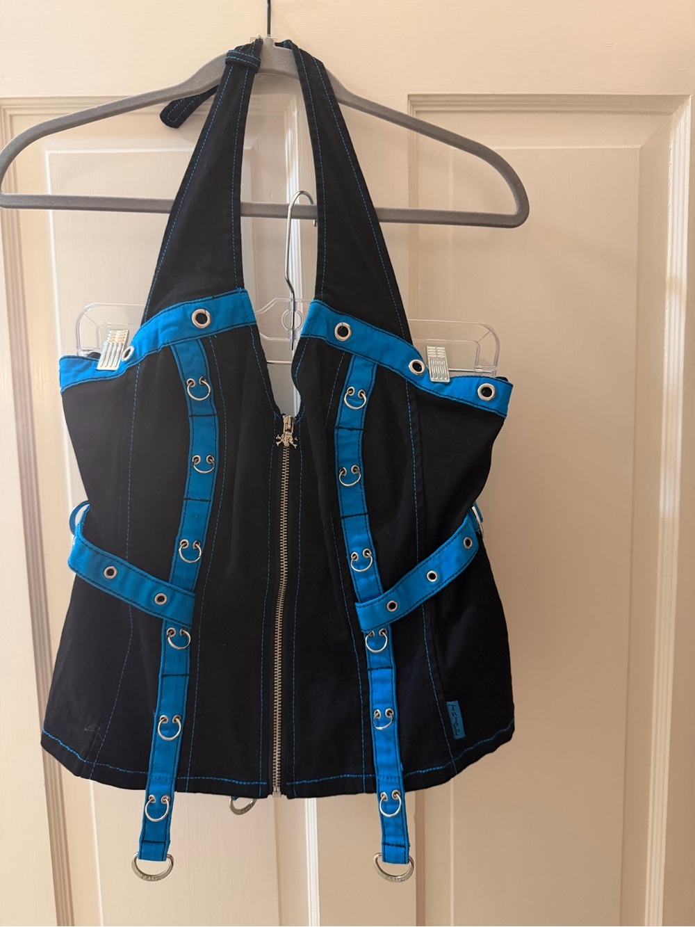 Tripp NYC Black & Blue Halter Corset Top Grommets D-Rings L